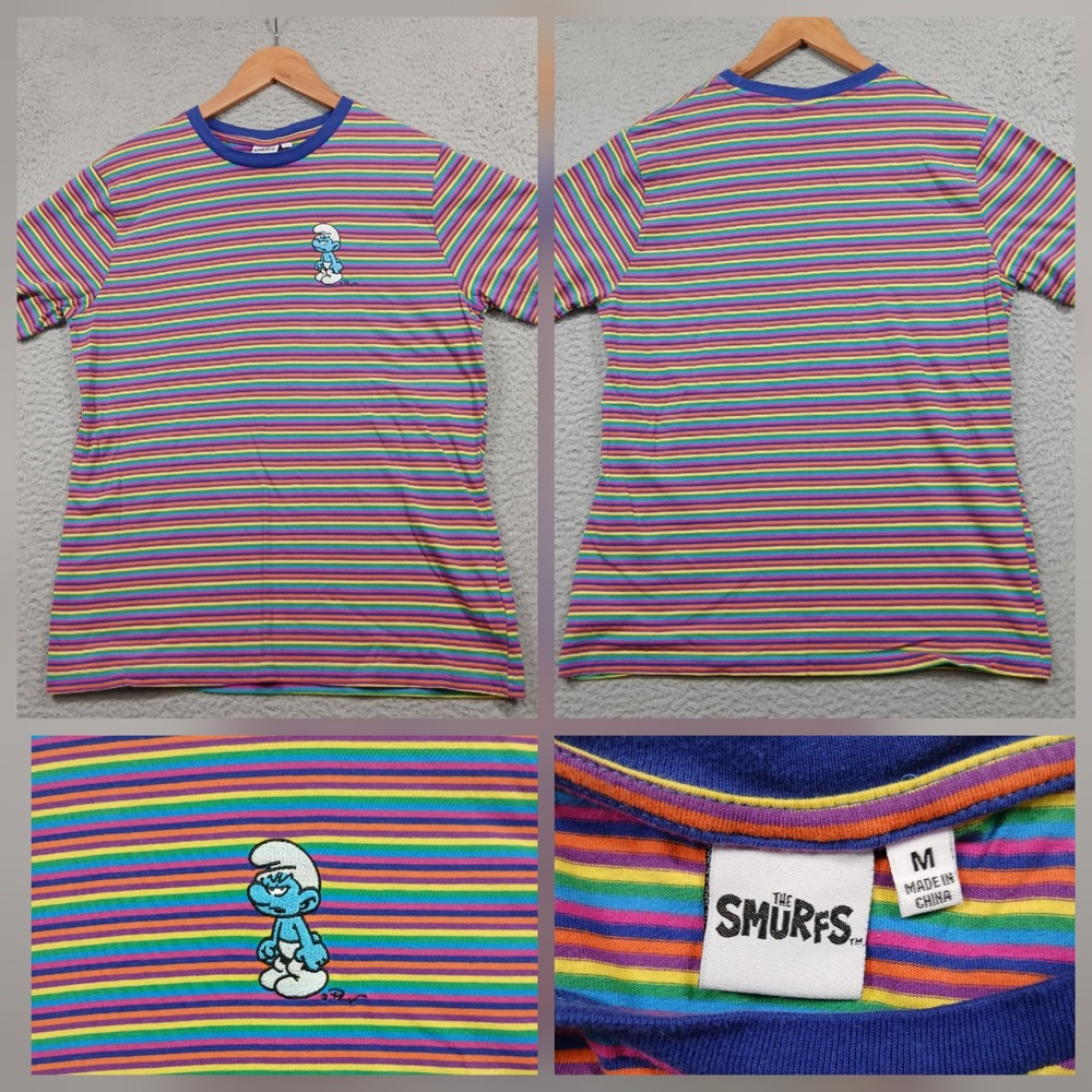 The Smurfs T-Shirt Mens Medium M Rainbow Striped‎ Embroidered Grouchy Smurf